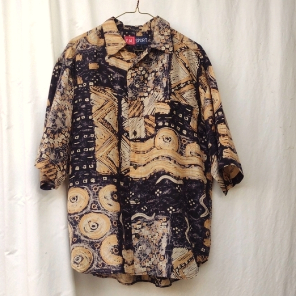 80s C.M. Sport Abstract Tan Silk Short Sleeve Shirt Men's Oversized Small